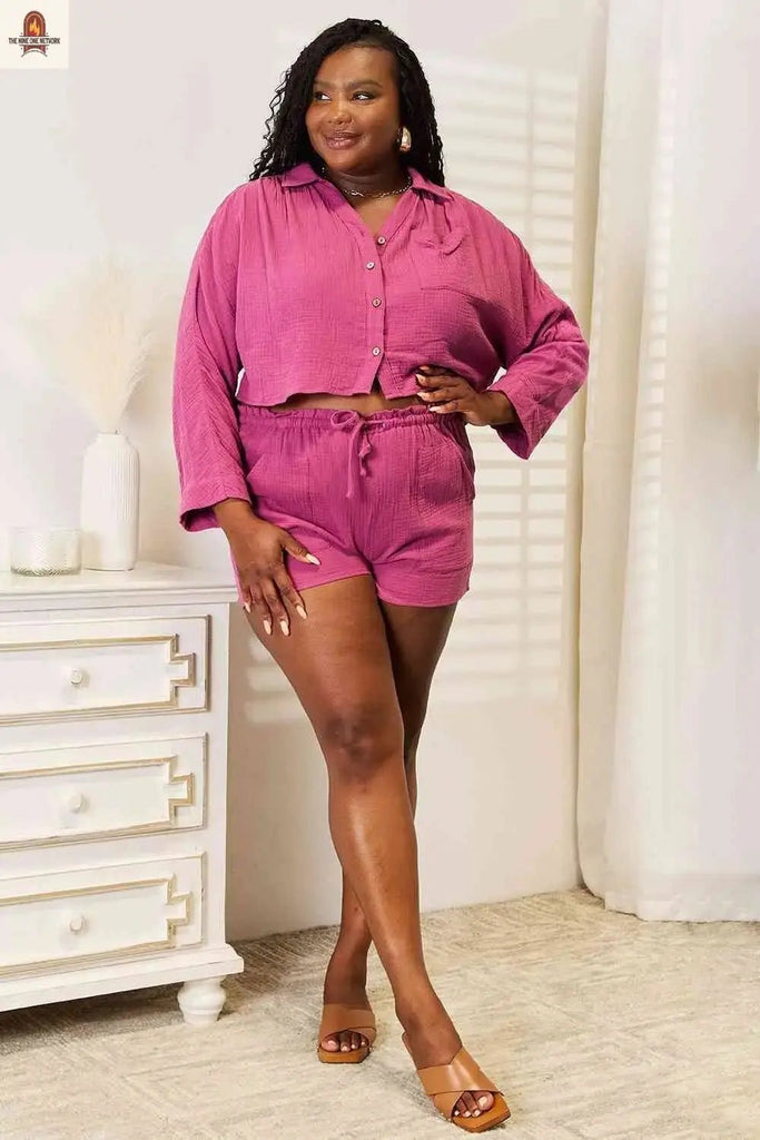 Basic Bae Buttoned Long Sleeve Top and Shorts Set - Nine One Network