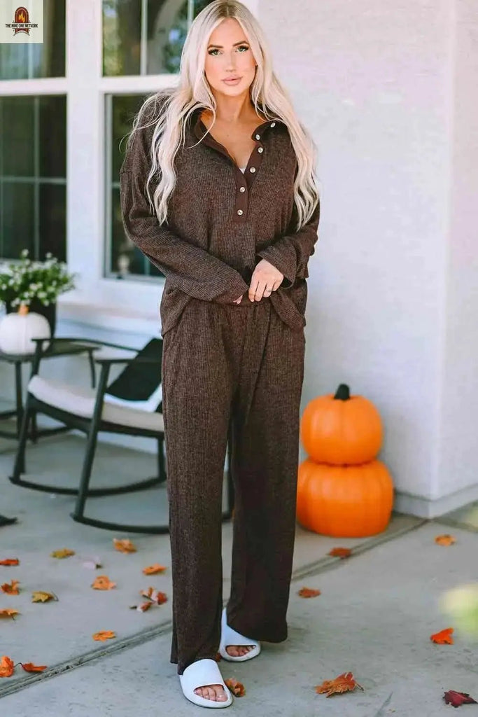 Buttoned Long Sleeve Top and Long Pants Lounge Set - Nine One Network
