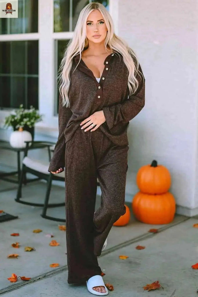 Buttoned Long Sleeve Top and Long Pants Lounge Set - Nine One Network
