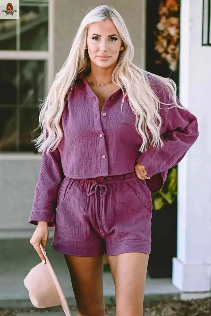 Buttoned Long Sleeve Top and Shorts Set - Nine One Network