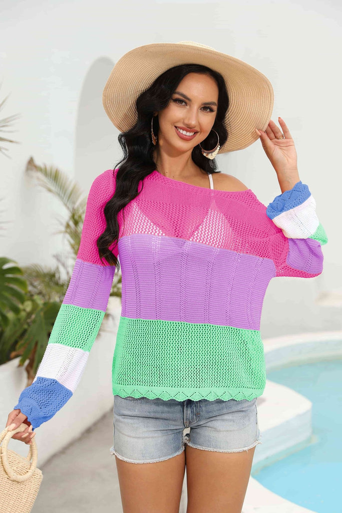Color Block Boat Neck Sheer Cover Up - Nine One Network