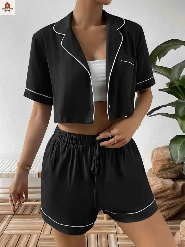 Contrast Lapel Collar Cropped Shirt and Shorts Lounge Set - Nine One Network