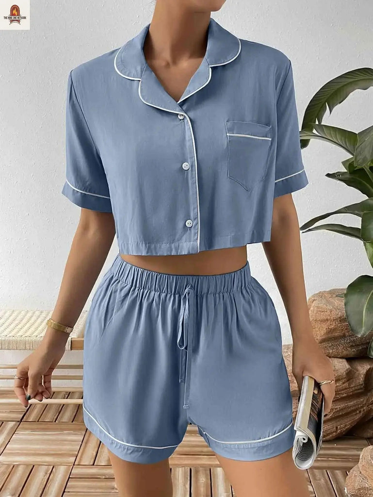 Contrast Lapel Collar Cropped Shirt and Shorts Lounge Set - Nine One Network