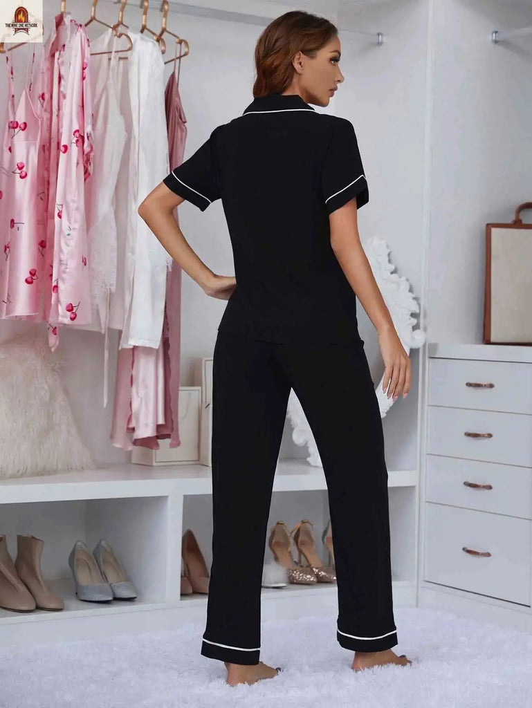 Contrast Piping Lapel Collar Short Sleeve Top and Pants Pajama Set - Nine One Network
