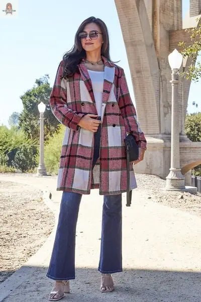 Double Take Full Size Plaid Button Up Lapel Collar Coat - Nine One Network