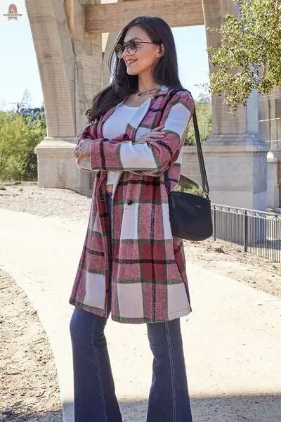 Double Take Full Size Plaid Button Up Lapel Collar Coat - Nine One Network