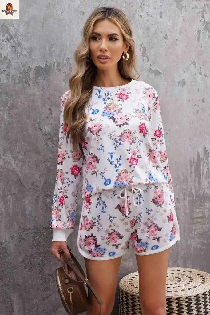 Floral Long Sleeve Top and Shorts Lounge Set - Nine One Network
