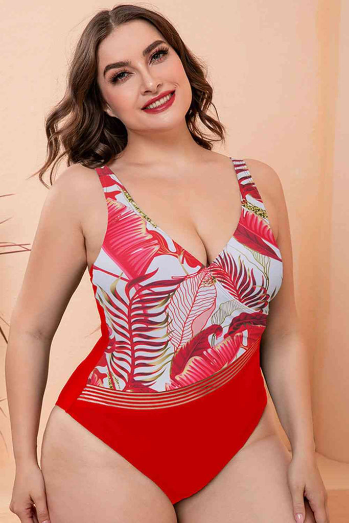 Full Size Two-Tone Plunge One-Piece Swimsuit - Nine One Network