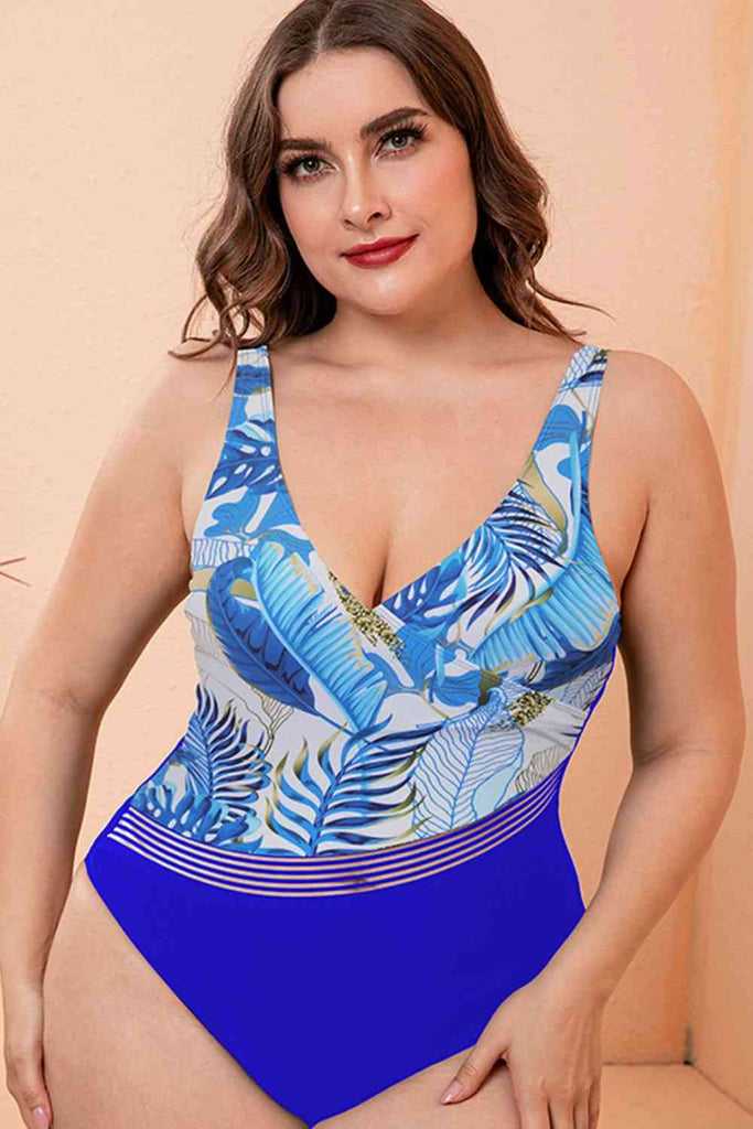 Full Size Two-Tone Plunge One-Piece Swimsuit - Nine One Network