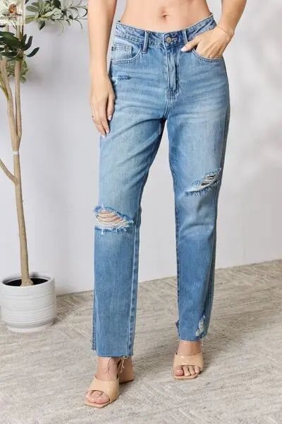 Judy Blue Full Size Distressed Raw Hem Straight Jeans - Nine One Network