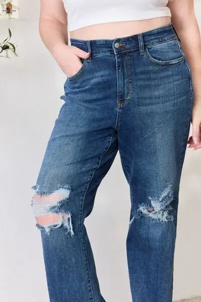 Judy Blue Full Size High Waist 90's Distressed Straight Jeans - Nine One Network