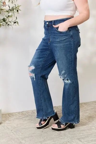 Judy Blue Full Size High Waist 90's Distressed Straight Jeans - Nine One Network