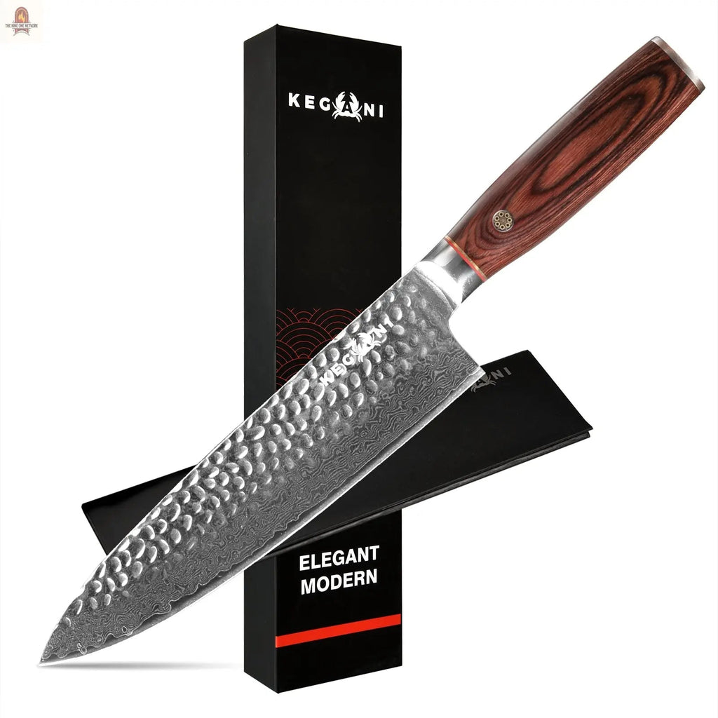 Kegani 8 Inch Damascus Chef Knife 67 Layers 10Cr15CoMoV Japanese Knife Hammered Texture Damascus Knife - FullTang Wood Handle Chefs Knife With Gift Box&Sheath - Nine One Network