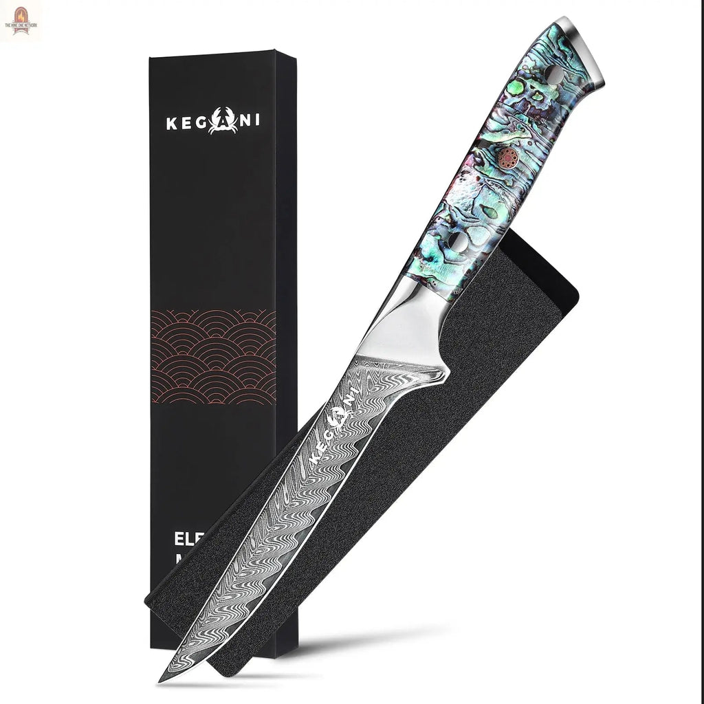 Kegani Damascus Kitchen Utility Knife, 5 Inch Paring Knife With Sheath 67 Layers VG-10 Core Petty Knife, Resin Handle Real Shell Filled FullTang Handle Fruit And Vegetable Knives - Nine One Network