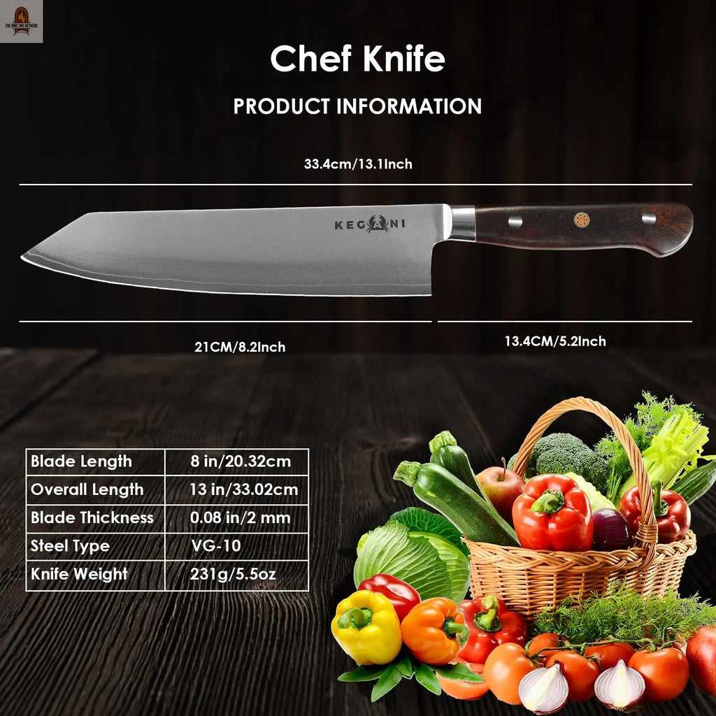 Kegani Kiritsuke Knife - 8-Inch Professional Japanese Chef Knife, Japanese VG-10 Ultra-Sharp Kitchen Knives, 9 Layer Clad Steel - Ergonomic Handle - Nine One Network