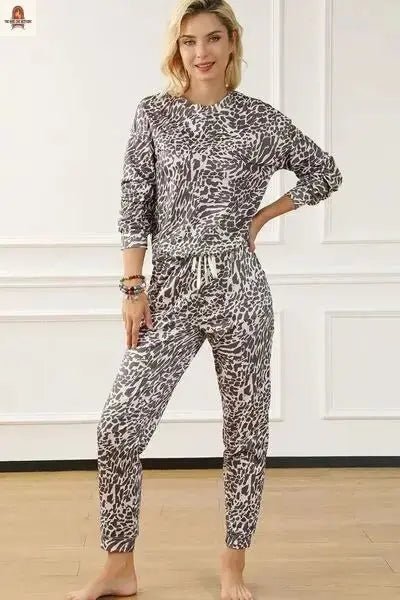 Leopard Round Neck Top and Drawstring Pants Lounge Set - Nine One Network