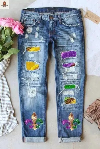 Mardi Gras Sequin Distressed Straight Jeans - Nine One Network