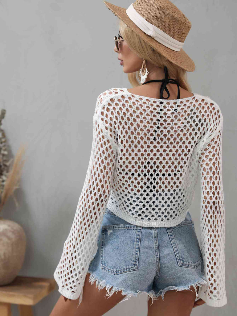 Openwork Flare Sleeve Cropped Cover Up - Nine One Network