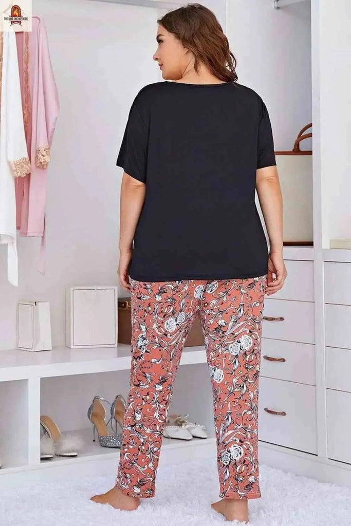 Plus Size Contrast Round Neck Tee and Floral Pants Lounge Set - Nine One Network