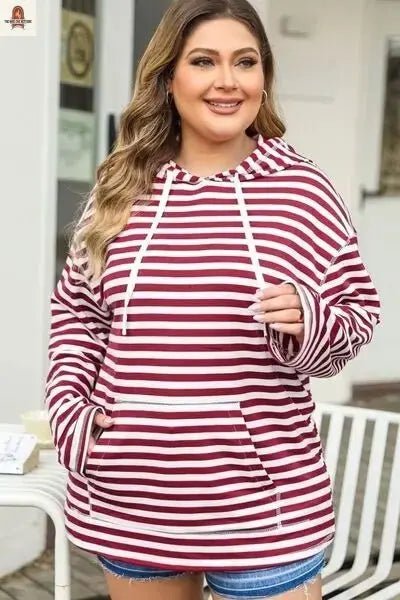 Plus Size Drawstring Striped Dropped Shoulder Hoodie - Nine One Network