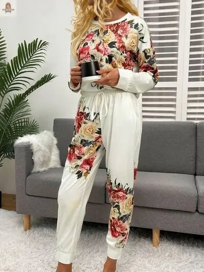 Printed Round Neck Top and Drawstring Pants Lounge Set - Nine One Network
