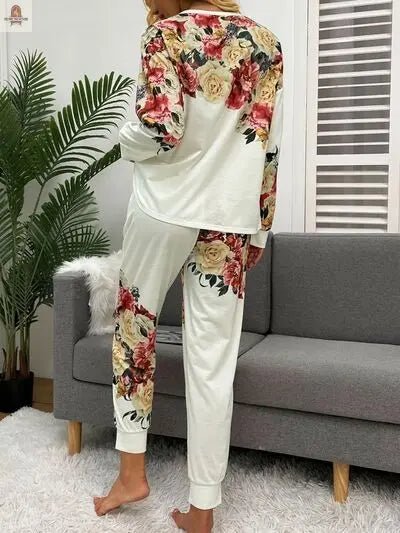 Printed Round Neck Top and Drawstring Pants Lounge Set - Nine One Network