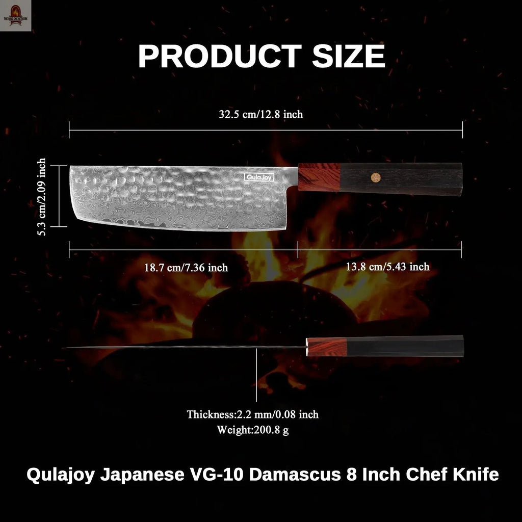 Qulajoy 8 Inch Chef Knife - Japanese Damascus VG-10 Super Steel Hammered Kitchen Knife - African Rosewood Octagonal Handle With Sheath - Nine One Network