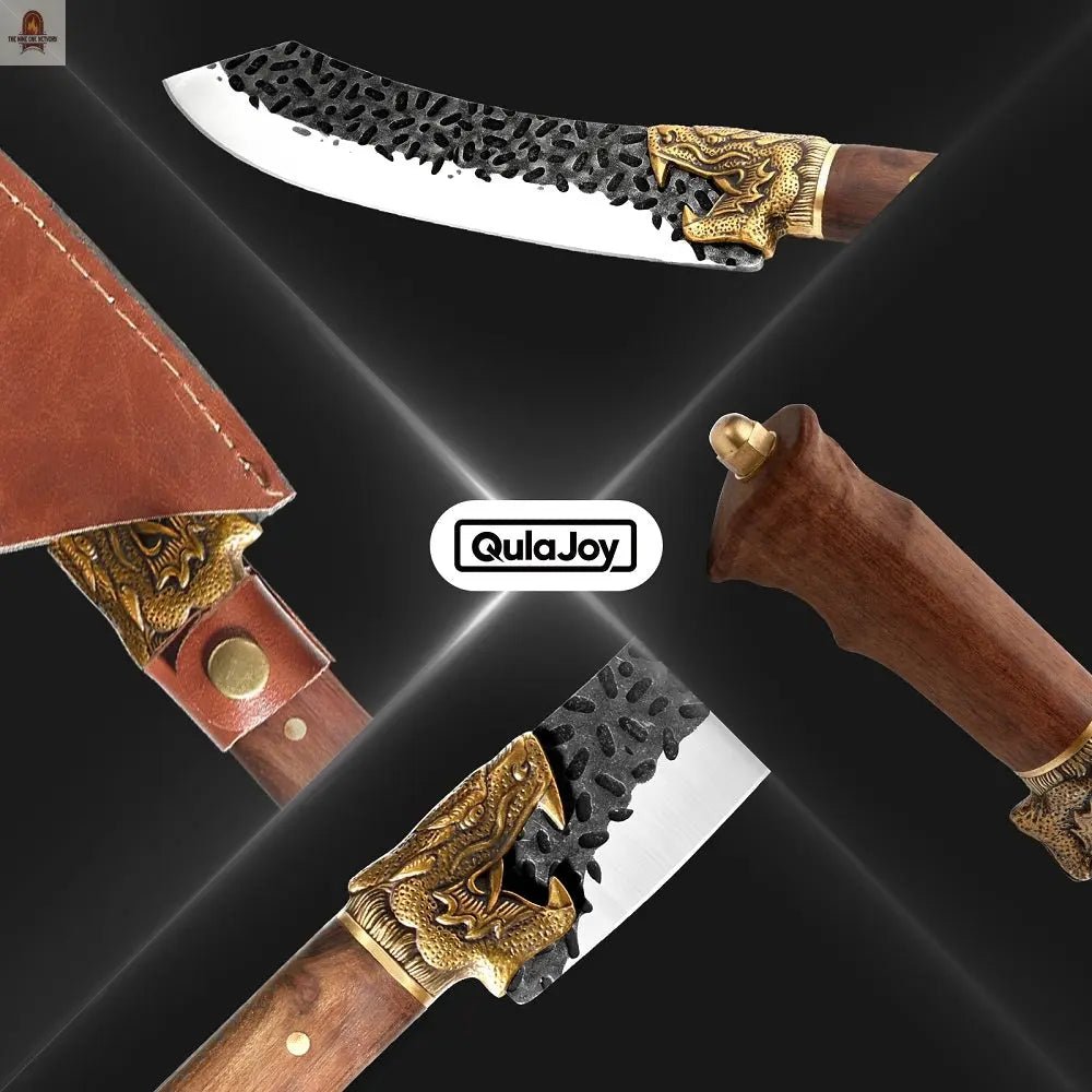 Qulajoy Boning Knife - Hand Forged Camping Knife 7Cr17MOV Blade - Dragon Head Handle And Leather Sheath - Unique Dragon Style - Viking Knife For Hunting & Camping - Nine One Network