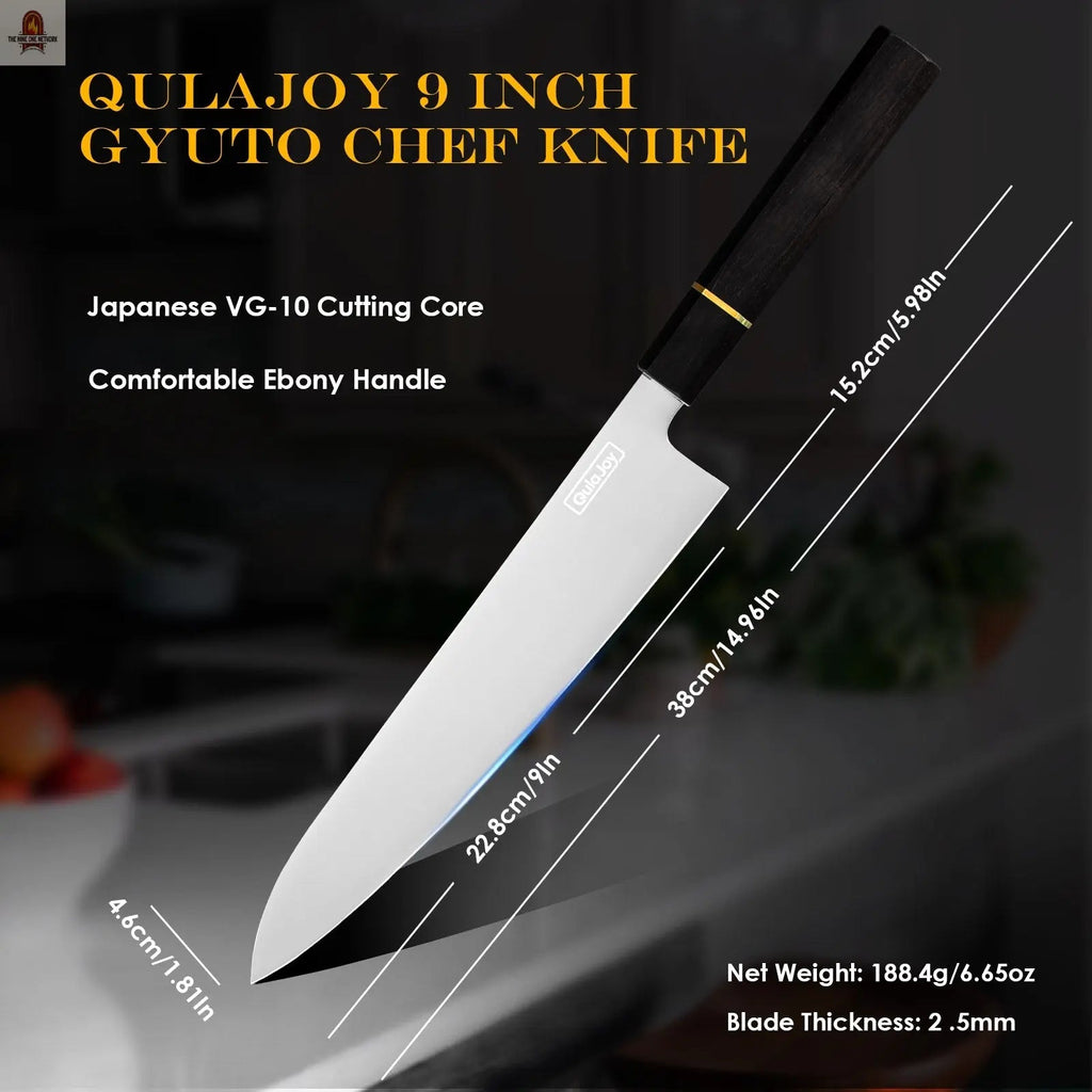 Qulajoy Classic 9 Inch Japanese Gyuto Chef Knife - Handcrafted VG-10 Steel Core Forged Mirror Blade - Octagonal Ebony Wood Handle With Sheath - Nine One Network