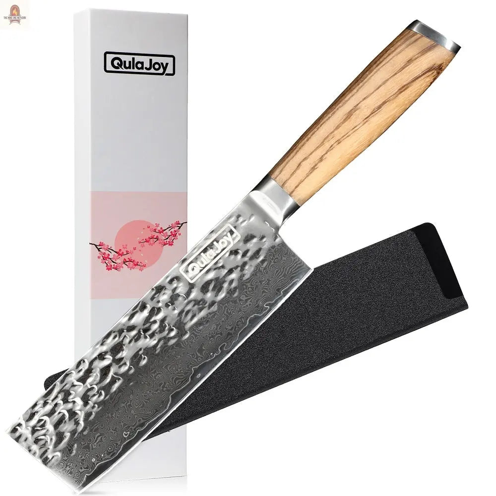 Qulajoy Nakiri Chef Knife 6.5 Inch - Professional Japanese 67 Layers Damascus VG-10 Steel - Hammered Vegetable Cutting Knife - Zebrawood Handle With Sheath - Nine One Network