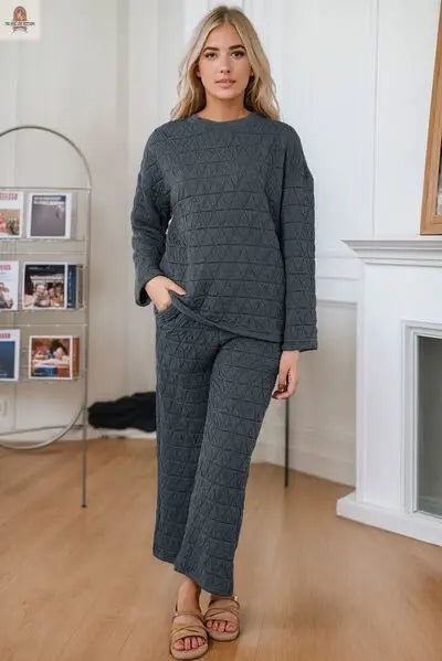 Round Neck Top and Pocketed Pants Lounge Set - Nine One Network
