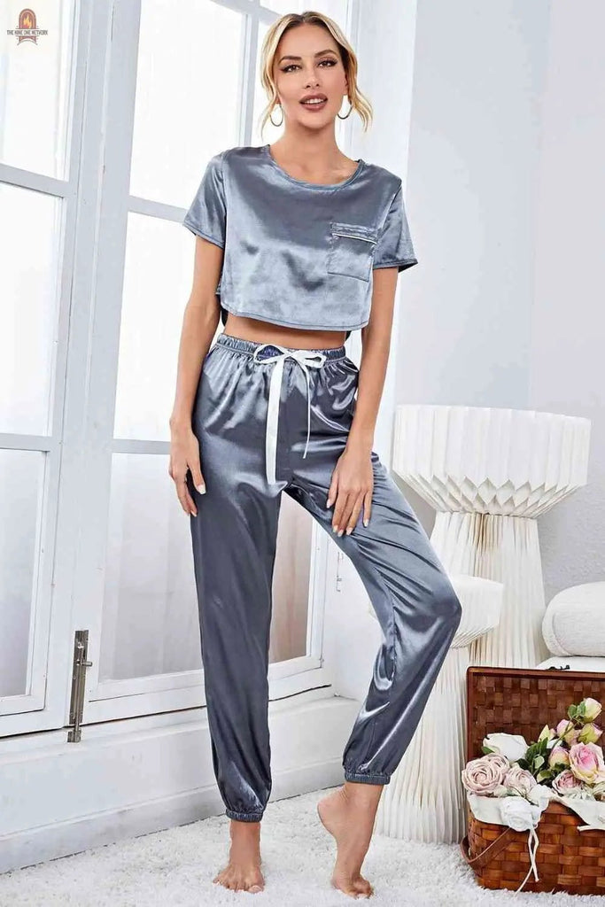Satin Short Sleeve Crop Top and Joggers Lounge Set - Nine One Network