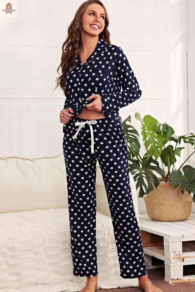 Star Print Button-Up Shirt and Pants Lounge Set - Nine One Network