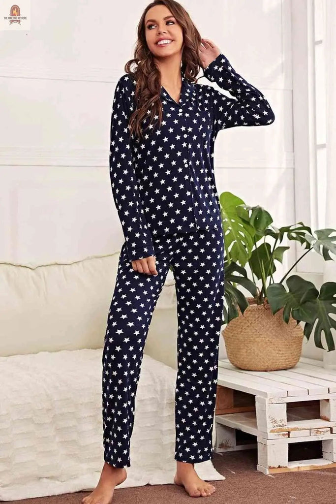 Star Print Button-Up Shirt and Pants Lounge Set - Nine One Network