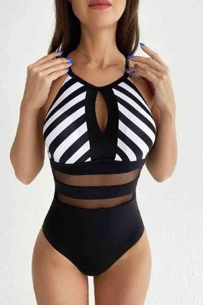 Striped Backless One-Piece Swimsuit - Nine One Network