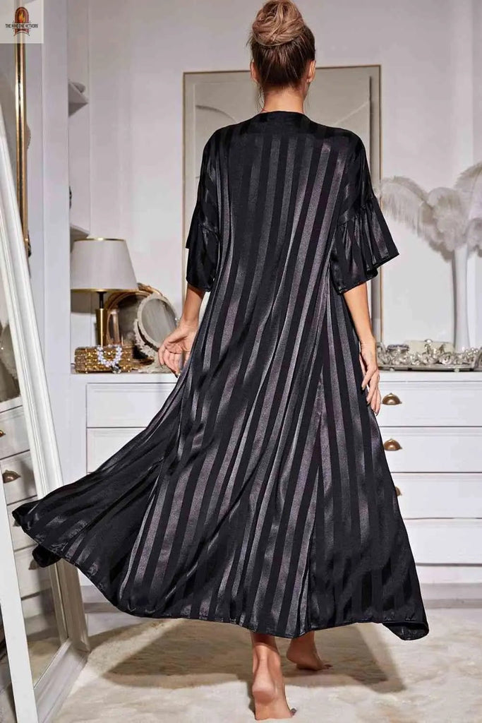Striped Flounce Sleeve Open Front Robe and Cami Dress Set - Nine One Network