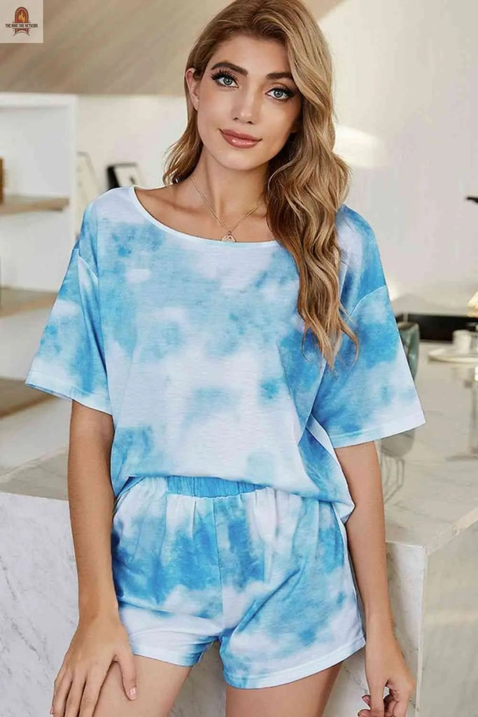 Tie-Dye Boat Neck Top and Shorts Lounge Set - Nine One Network