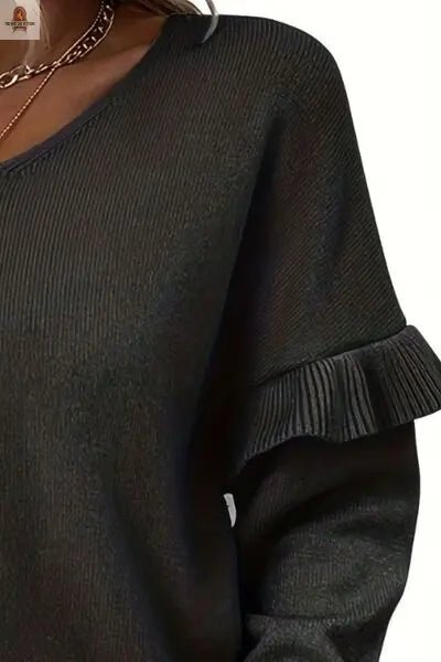 V-Neck Ruffle Trim Long Sleeve Sweater - Nine One Network